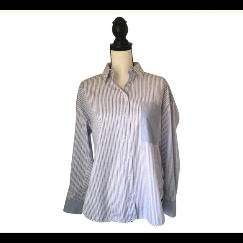 Maje Blue and White Striped Button-Down Shirt